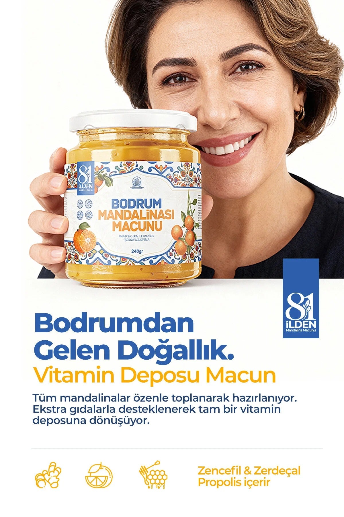 81 İlden Bodrum Mandalinası Macunu Zencefil, Zerdeçal ve Propolis İçeren Marmelat 240 g