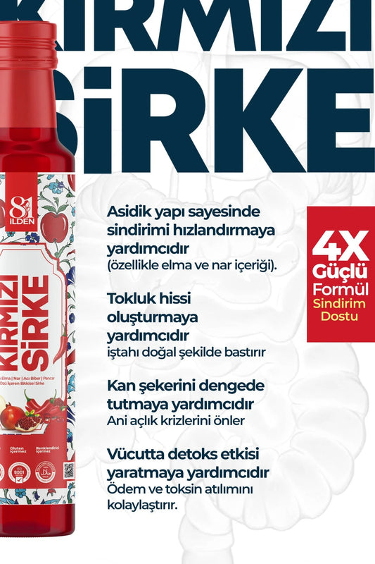 81 İlden Kırmızı Sirke Elma, Nar, Acı Biber ve Pancar Özü İçeren Bitkisel Sirke 250 ml