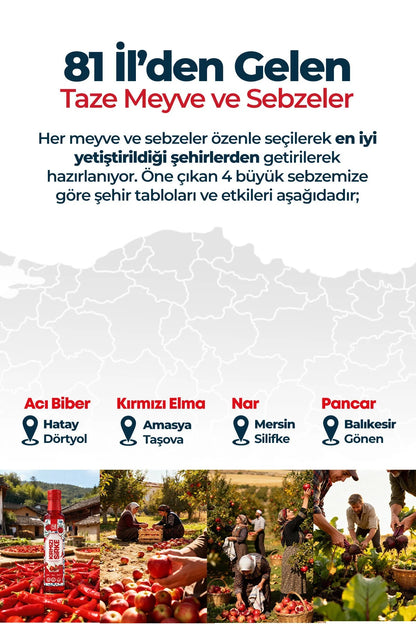 81 İlden Kırmızı Sirke Elma, Nar, Acı Biber ve Pancar Özü İçeren Bitkisel Sirke 250 ml