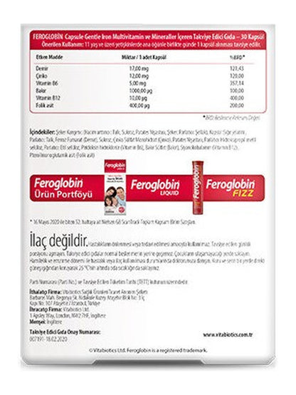 Vitabiotics Feroglobin Iron Takviye Edici Gıda 30 Kapsül